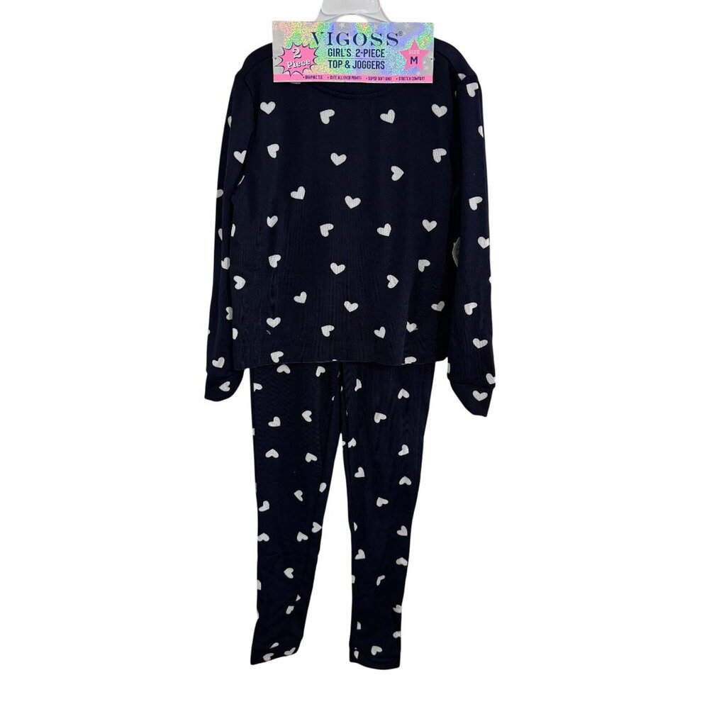 Vigoss Girls Black White Hearts 2 Piece Top & Joggers Soft Loungewear Set